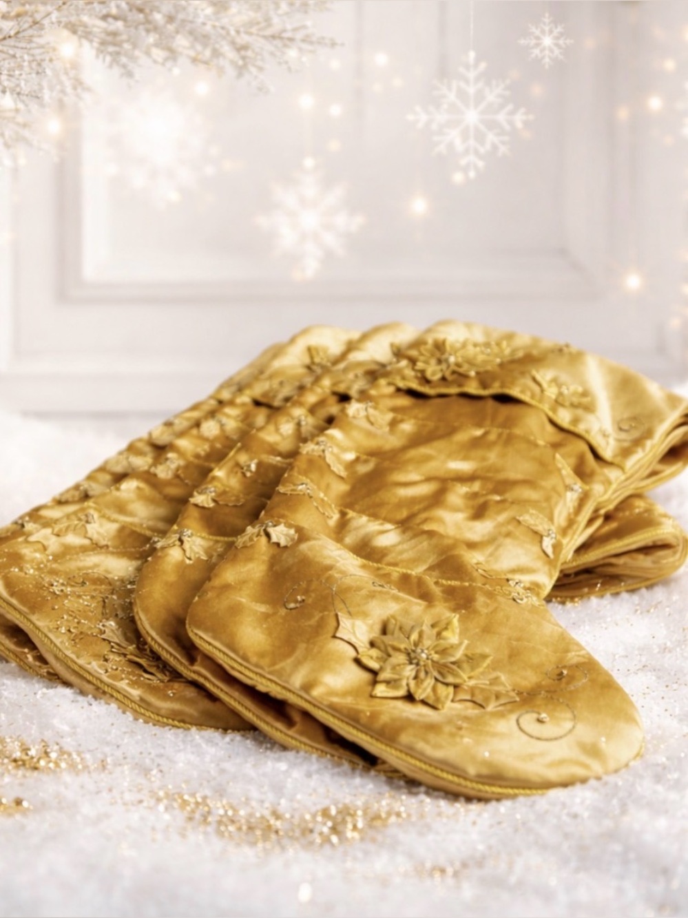 Set of 4 Gold Embroidered Christmas Stockings